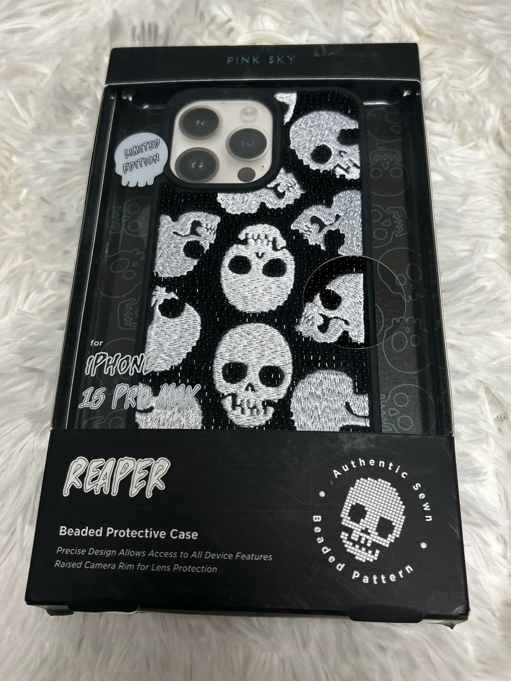 Pink Sky Limited Edition Reaper Skull Beaded iPhone 15 Pro Max Case Nwt Nib